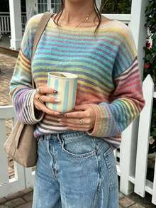 Niche Design Colorful Horizontal Striped Loose Drop Shoulder Drop Shoulder Knit Sweater - Multicolor - View 1