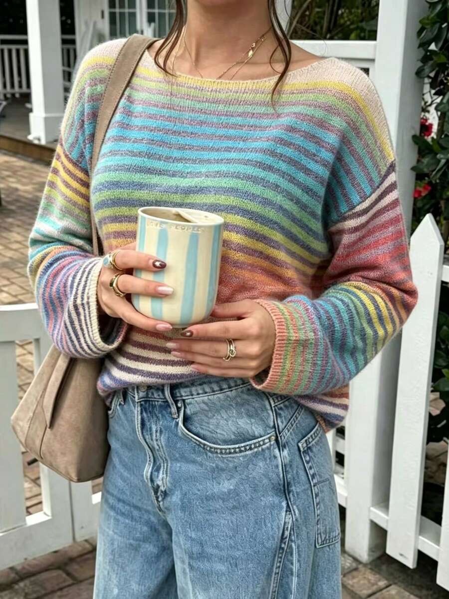 Niche Design Colorful Horizontal Striped Loose Drop Shoulder Drop Shoulder Knit Sweater - Multicolor - View 1