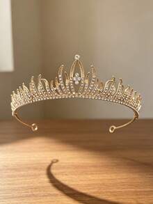 1pc Luxury Gold Rhinestone Crown Hair Accessory For Women, Banquet Wedding Princess Tiara, Sparkling Crystal Metal Texture Bridal Headpiece - Multicolor - View 7