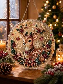 Christmas Pearl Diamond Painting Suncatcher Set 8 Inch, Pre-Assembled Metal Chain, Acrylic Disc With Lace Edge, 3D Mixed Size Pearl Beads, Holiday Window Wall Decor - Set - View 3