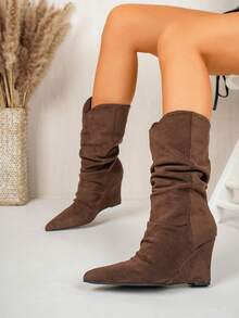 planare New Women's Fashion Minimalist Pointed Toe Loose Wedge Mid-Calf Boots, Brown And Black Faux Suede Slip-On Western Style Boots, Suitable For Autumn/Winter - Brown - View 8