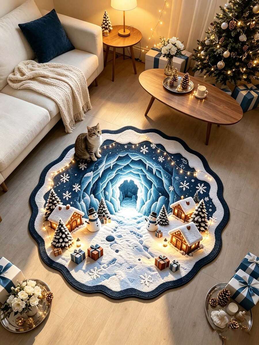 1件冰雪隧道客廳地毯，加厚地毯，毛絨地毯，秋冬地毯，厚地毯，客廳地毯，地毯，客廳區域地毯，小面積地毯，墊子，家居裝飾，大客廳地毯，圓形地毯，客廳家居裝飾，房間裝飾，可機洗地毯 - 彩色 - 查看 1