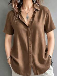 Casual Basic Plus Size Women's Button-Up Short Sleeve Shirt Blouse - Brown - View 1
