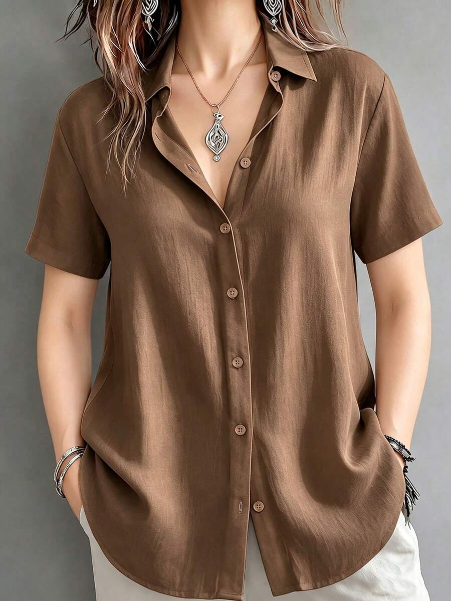 Casual Basic Plus Size Women's Button-Up Short Sleeve Shirt Blouse - Brown - View 1