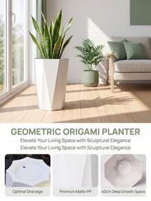 Tall Geometric Faceted Planter With Drainage Hole, White Modern Decorative Floor Pot, Suitable For Fiddle Leaf Fig, Palm, Green Plants, Large Indoor Plant Pot For Living Room And Balcony - 1 Pc - View 4