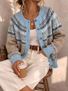Women's Knitted Jacquard Cardigan - A Vintage Style Knitted Cardigan With Nordic Pattern, Perfect For Wearing During Winter Vacation - Mixed Color 1 - View 6