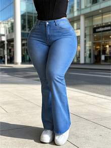Women's Plus Size High Stretch Denim Flare Pants, With Pockets And Zipper Button Closure, Y2K Daily Wear Style - Blue - View 4