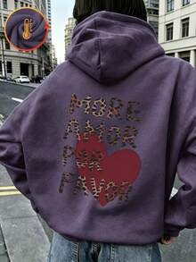 كنزة نسائية كاجوال بأكمام طويلة بطبعة نمر وكلمة "More Amor Por Favor" وطبعة قلب، برباط سحب، بطانة دافئة، وأكتاف منسدلة - اللون الرمادي الأرجواني - مشاهدة 2