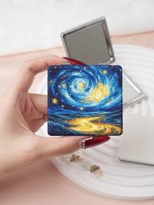 1PC Van Gogh Series Portable Vanity Mirror, Foldable Lightweight Ultra-Thin Convenient Hand Mirror, Durable PU Leather, Suitable For Multiple Scenarios And All People, Foldable Small Square Mirror, Pocket Mirror, Fresh Abstract Starry Sky Sunflower Sun Pattern Design, Exquisite Delicate Foldable Structure, Durable Reliable Drop-Resistant, Easy To Carry, Handheld Makeup Mirror, 180° Flip Cover Multifunctional - Multicolor - View 7