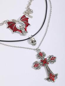 3pcs Vintage Gothic Red Bat Cross Skull Halloween Gothic Pendant, Unique Quirky Necklace - Red - View 5