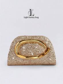 1pc Women's Vintage Metal Handle Clutch Bag, Luxurious Sparkling Crystal Sequin Decor,S, Parties, Galas, Nightclubs, Formal Occasions, Wedding Items - Gold - View 5
