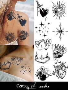 9PCS Herbal Juice Semi-Permanent Magic Tattoo Stickers Skull Thorn Heart Pattern Long-Lasting 14 Days No Fading No Reflection Arm Waist Abdomen Leg Body Temporary Tattoo Stickers - Blue - View 1