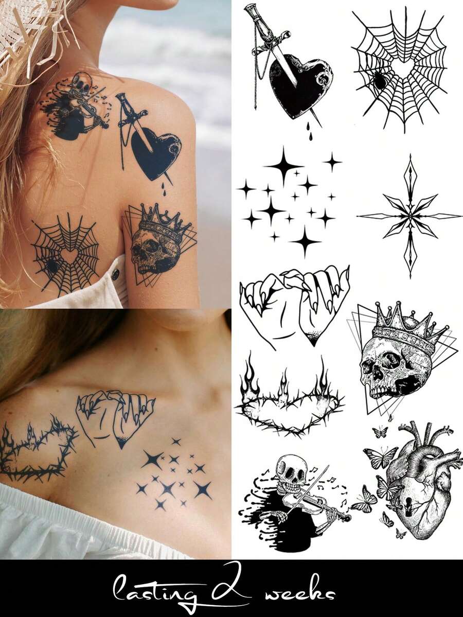 9PCS Herbal Juice Semi-Permanent Magic Tattoo Stickers Skull Thorn Heart Pattern Long-Lasting 14 Days No Fading No Reflection Arm Waist Abdomen Leg Body Temporary Tattoo Stickers - Blue - View 1