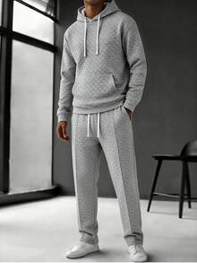 طقم Blueprint Man من قطعتين باللون الرمادي للرجال، سويت شيرت بلوفر برقبة دائرية مع حبل شد وتصميم مربعات ثلاثي الأبعاد بارز باللون الأبيض المتباين + بنطال مستقيم الساق بخصر عالي وحبل شد، من قماش محبوك ناعم وقابل للتنفس، بقصة فضفاضة تناسب جميع أنواع الأجسام، بأسلوب كاجوال بسيط، ملابس مناسبة للرحلات القصيرة والعودة للمنزل والإجازات في بداية الخريف - رمادي - مشاهدة 10