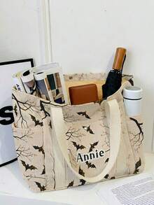 1pc Custom Text Halloween Theme Print Large Capacity Corduroy Tote Bag,Front Snap,Multi Pockets Wide Shoulder Strap,For School Travel Party Daily Gift - Black - View 17