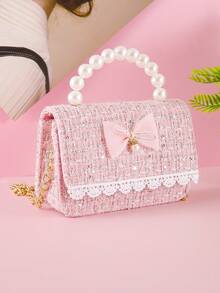 1pc Mini Girls Children's Bag With Beaded Bow Decoration, PU Linen Sequin Material, Chain Shoulder Strap, Fashion Beaded Handbag, Pink Mini Party Bag, Lightweight Children's Wallet, Small Handbag Suitable For Holiday And Daily Use - Pink - View 5