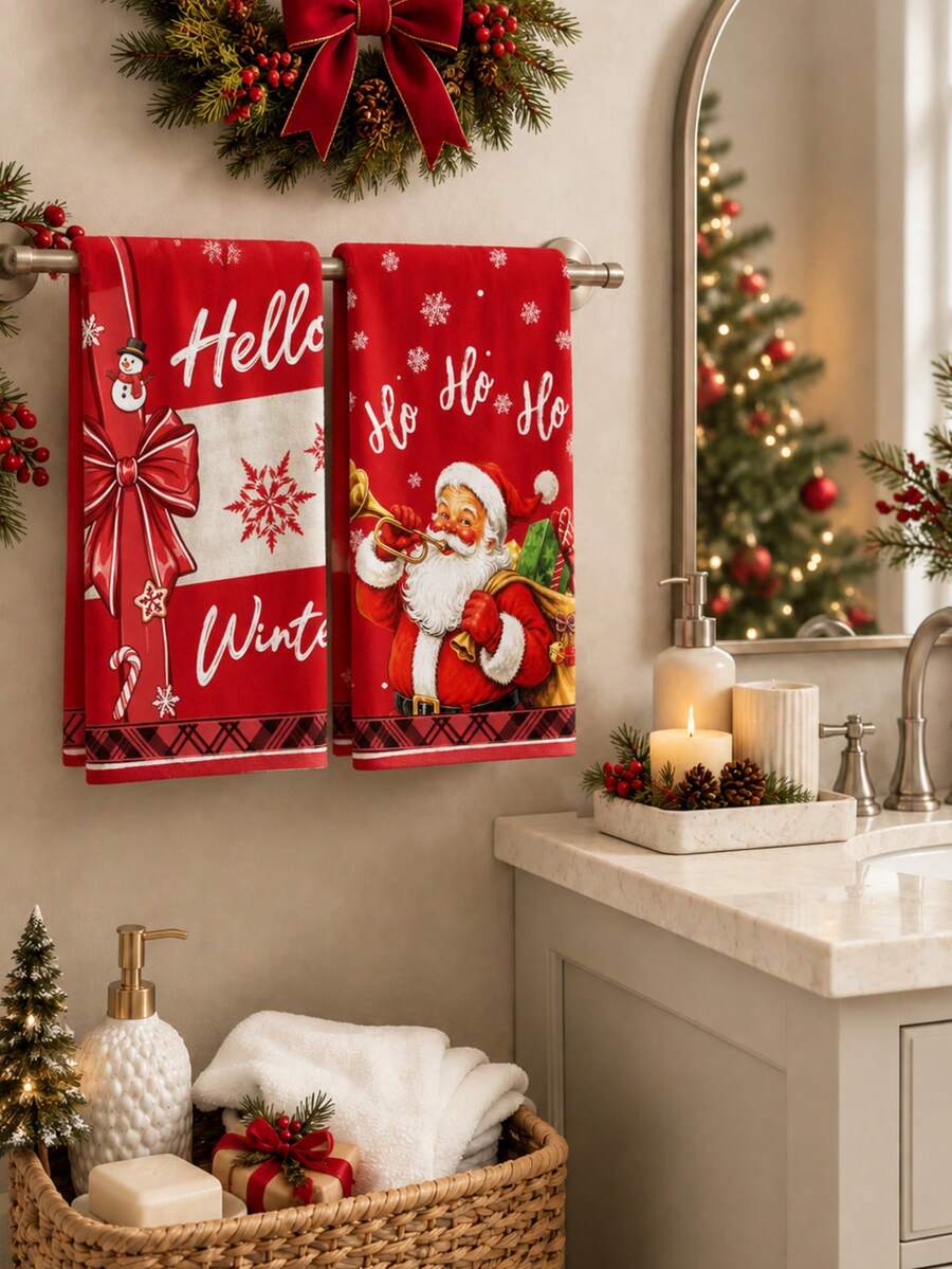 1pc/2pcs/6pcs Red Background Christmas Tree, Santa Claus, Snowman, Red Bow Kitchen Towels, Christmas Baking Dish Cloths Home Decor - Multicolor - View 1