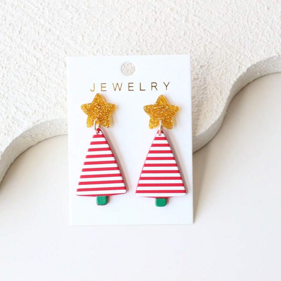 Christmas 1 Pair Red Christmas Tree & Star Acrylic Dangle Earrings For Women, Clay Texture, Cute & Elegant, Suitable For Daily Wear, Versatile, Party, Vacation, Gift-Giving, Holiday Gift - Y1424 - View 1