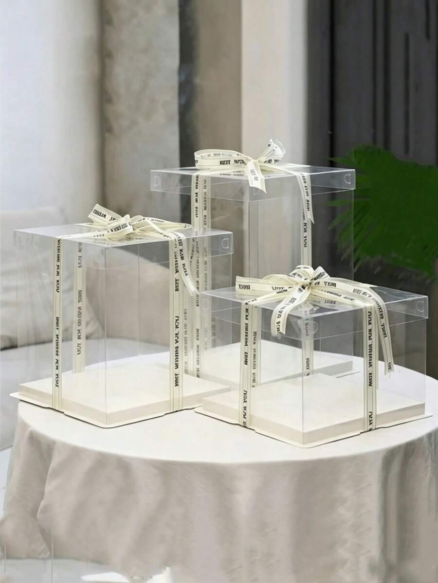 1pc Transparent Decorative Box, Gift Packaging Box, Used For Holiday Party Gift Packaging, Christmas, Valentine's Day Gift Box Decoration Packaging, Flower Shoes PET Gift Box (Random Ribbon Included) - White - View 1