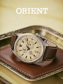 Men's ORIENT Automatic Mechanical Watch Dark Brown Grained Leather Strap Cream Beige Multi-Subdial Dial Vintage Watch For Daily Commute Outdoor Trip - Brown - View 4