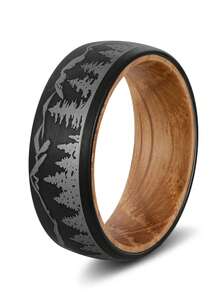 1pc 8mm-Wide Tungsten Carbide Trees Forest Hunting Dear Lasered Silver Black Whiskey Barrel Wood Ring For Wedding,Exquisite Men's Accessory Jewelry - Black - View 16