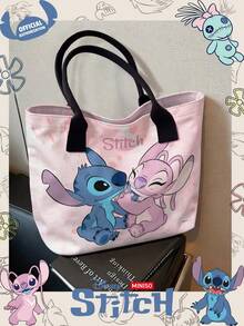 Miniso Disney Stitch & Angel 粉色紮染帆布托特包，休閒手提肩背包，適合日常使用 - 黑色 - 查看 2