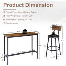 Juego de 3 Piezas Mesa de Bar y 2 Taburetes Café 110x40.1x89.9 cm| Mesa Rectangular Industrial con Respaldo y Asiento Acolchado| Juego de Mesa de Bar para 2 Personas para Cocina Comedor y Espacio Pequeño| Fácil de Armar - Marrón - Ver 8