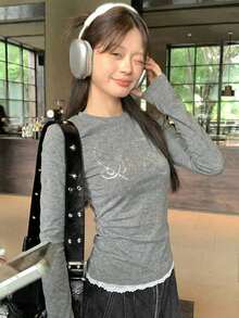 Women's Rhinestone Design Fitted Long Sleeve T-Shirt, Versatile Inner Layer Top - Grey - View 4