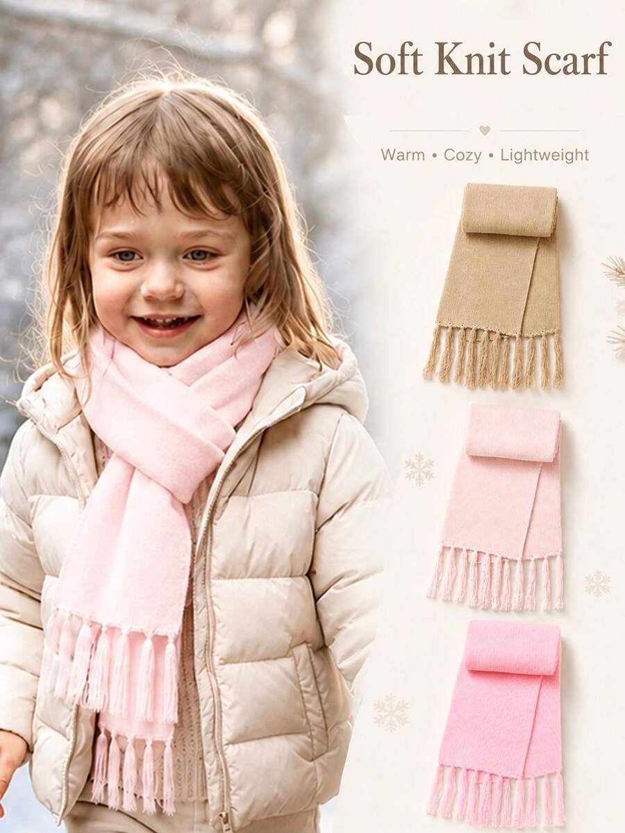 1PC Baby Fashion Knitted Tassel Scarf, 7 Solid Colors Minimalist Casual Style, Autumn/Winter Baby Preferred Accessory, Suitable For Basic Commuting, Daily Casual Wear, Hand Washable - Multicolor - View 1