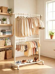 Double-Tier Movable Clothes Rack With Thickened 25mm Tubes For Strong Load-Bearing Capacity, Equipped With Universal Casters, Available In Black And Beige, And A Bottom Storage Shelf For Space Saving - A - View 4