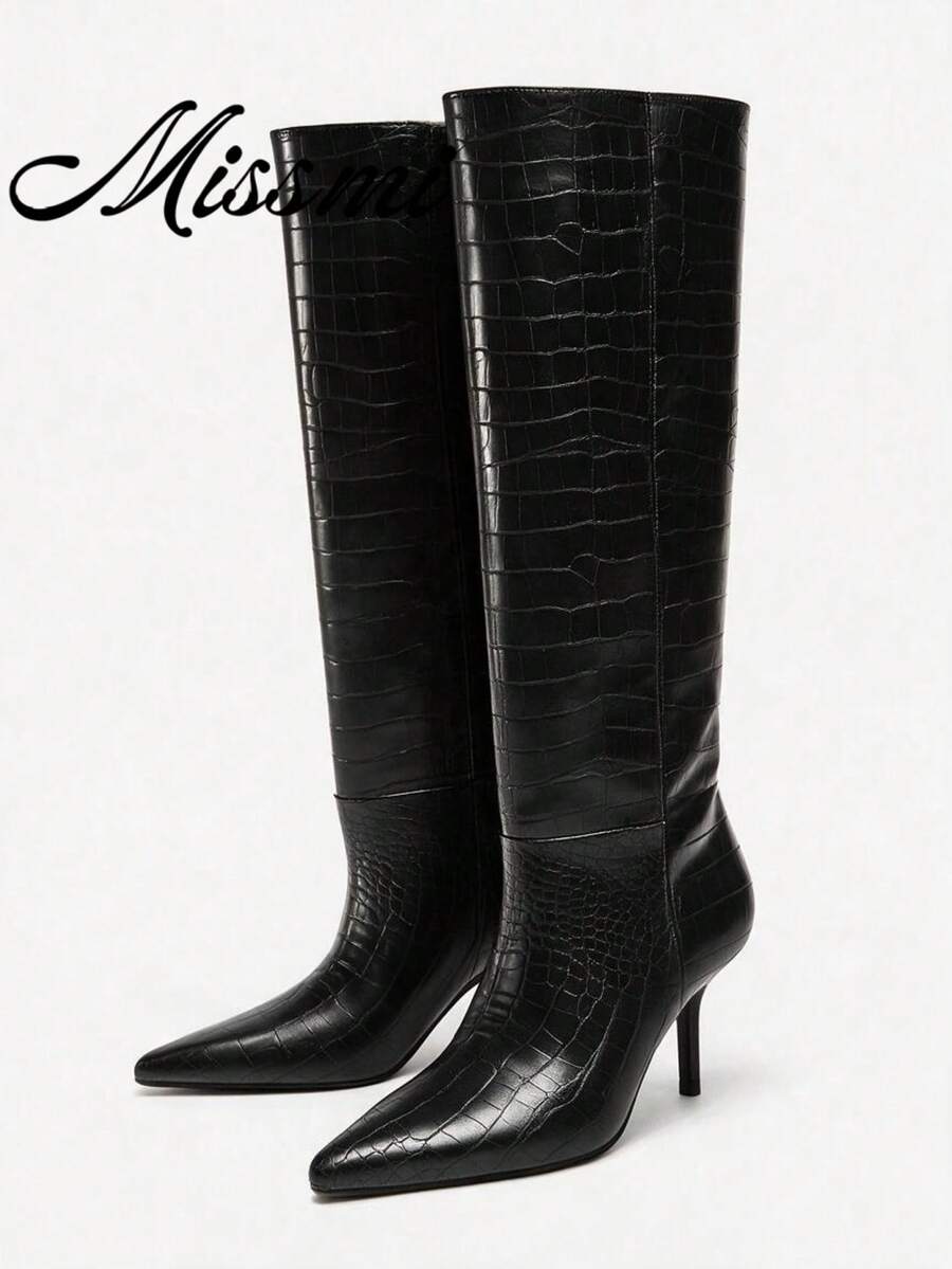 New Pointed Toe High Heel Tall Boots Vintage Style Wide Shaft Knee-High Stiletto Heel Riding Boots