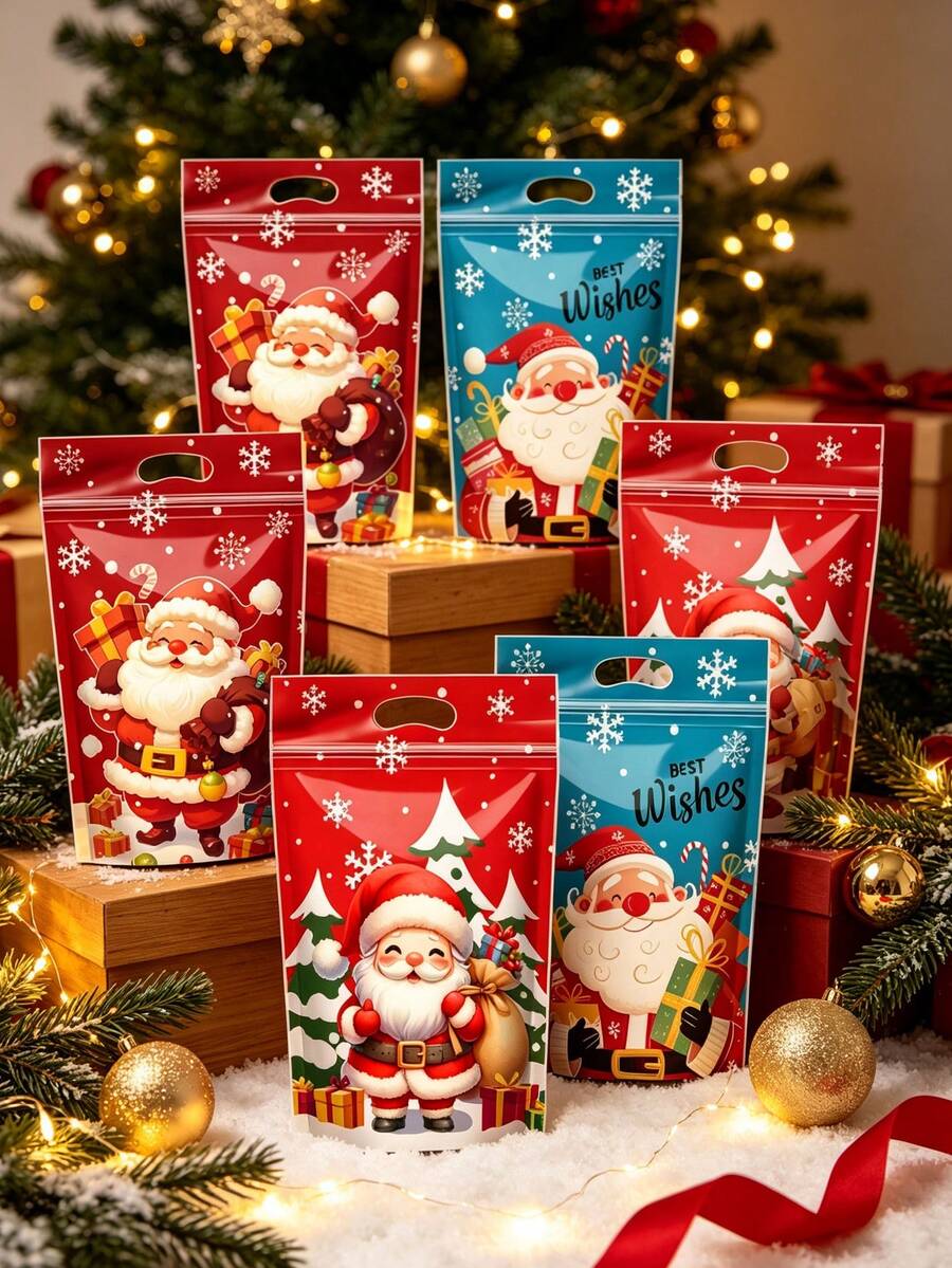 25/15pcs Santa Claus Print Gift Bags, Snowflake Print Sealed Bags ...