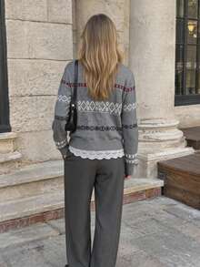 Women's Autumn/Winter Vintage Pattern Knit Sweater, Crew Neck Pullover Casual Long Sleeve Top - Grey - View 4