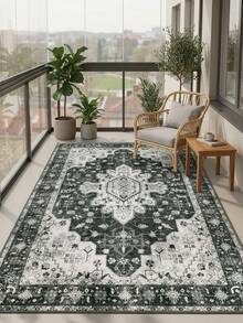 1PC Black White Gray Vintage Persian Pattern Bohemian Style Faux Cashmere Rectangular Area Rug, Distressed Mottled Details, Machine Washable, Suitable For Living Room Bedroom Home Decor, All Season Use, Aesthetic Home Decor - Multicolor - View 7