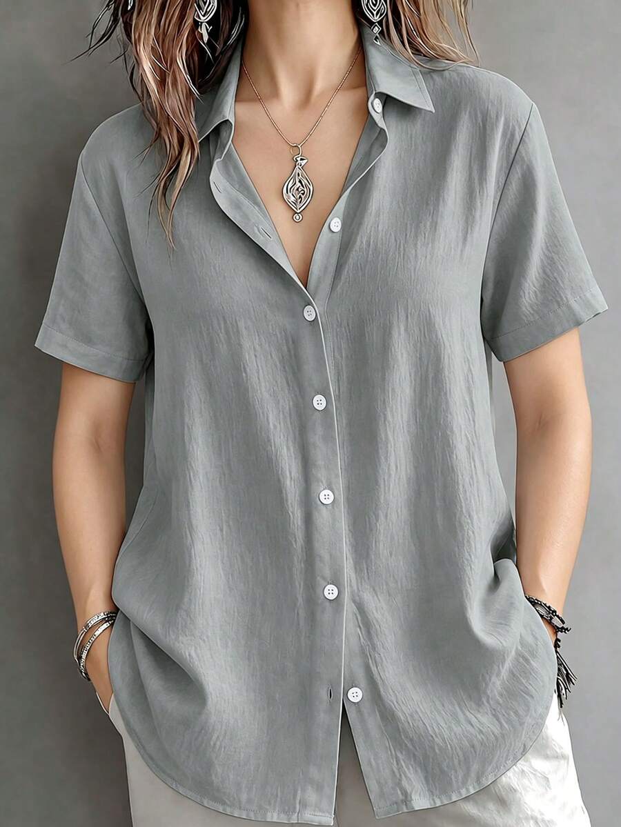 Casual Basic Plus Size Women's Button-Front Short Sleeve Shirt Blouse - Grey - View 1