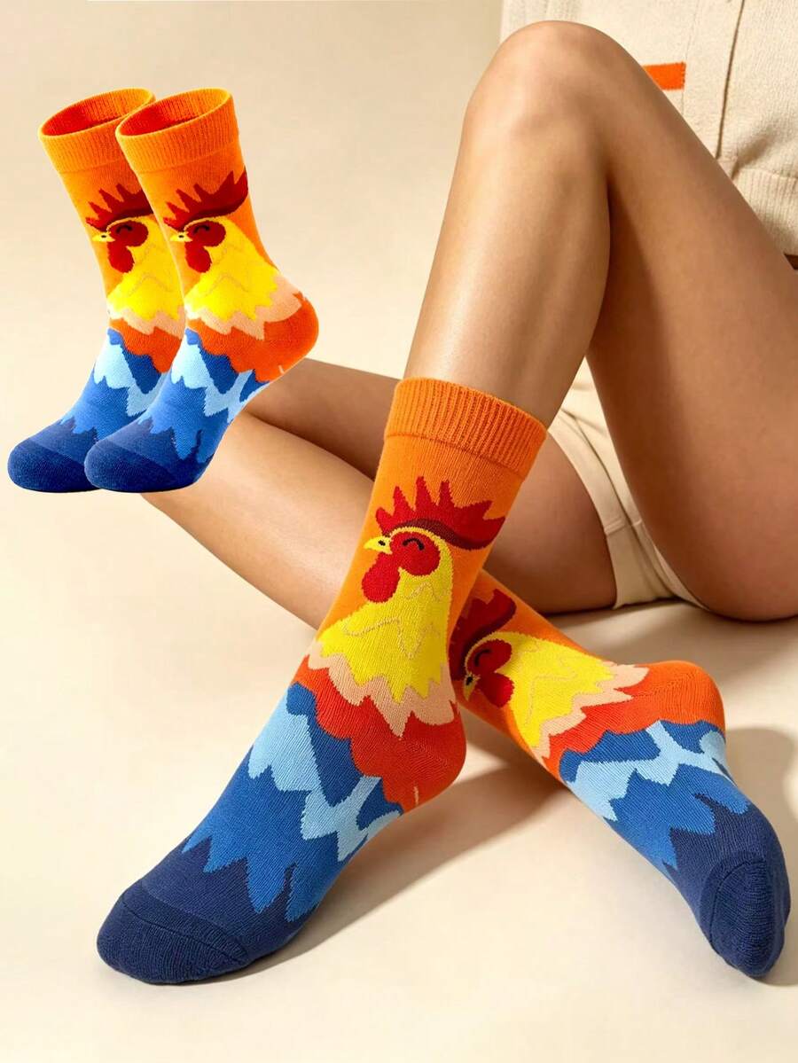 1 Pasang Kaos Kaki Jacquard Ayam Jantan Gradien Kreatif Setinggi Betis, Kaos Kaki Hewan Kartun Blok Warna, Kaos Kaki Panjang Unik dan Serbaguna, Unisex, Musim Gugur - MultiWarna - View 1