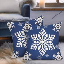 2PCS Navy Snowflake Pillow Set For Winter And Holiday Sofa And Bedroom Home Decor, Autumn/Winter Decoration, Single-Sided Printing, Pillow Core Not Included - Blue - View 1
