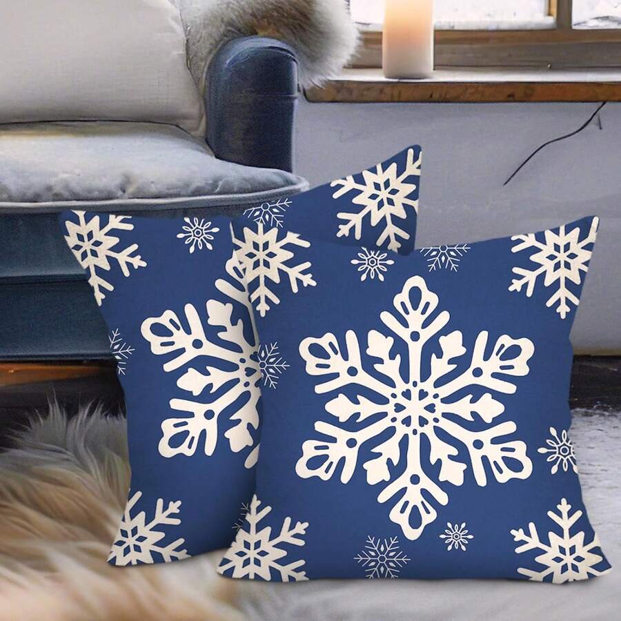 2PCS Navy Snowflake Pillow Set For Winter And Holiday Sofa And Bedroom Home Decor, Autumn/Winter Decoration, Single-Sided Printing, Pillow Core Not Included - Blue - View 1