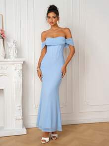 PARTHEA Women Elegant Light Blue Off‑Shoulder Mesh Mermaid Maxi Dress, Corset Style Party Long Gown - Baby Blue - View 7