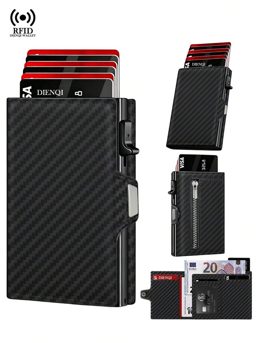 Carbon Fiber RFID Men's Wallet, Ultra-Thin Pop-Up Card Holder With Zipper Pocket, Minimalist Front Pocket Credit Card Holder, Trifold Wallet, Gift For Dad