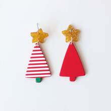 Christmas 1 Pair Red Christmas Tree & Star Acrylic Dangle Earrings For Women, Clay Texture, Cute & Elegant, Suitable For Daily Wear, Versatile, Party, Vacation, Gift-Giving, Holiday Gift - Y1424 - View 4