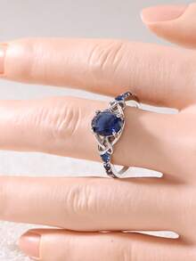 Gmzalx Women's Vintage Hollow Interwoven Design Ring, Inlaid With Blue Synthetic Zirconia, Elegant And Luxurious Finger Ring, Suitable For Daily Commute And Dating - Silver - View 7