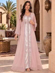 Women's Pink Embroidered Maxi Dress Long Sleeve V Neck Elegant Chiffon Abaya Dress Formal Evening Party Gown - Pink - View 4