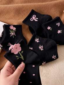 5/10 Pairs White And Pink Girls' INS Style Short Floral Bow Pattern Socks, Moisture-Wicking, Comfortable Mid-Calf Socks, Suitable For Daily Wear, Spring And Summer - Multicolor - View 2