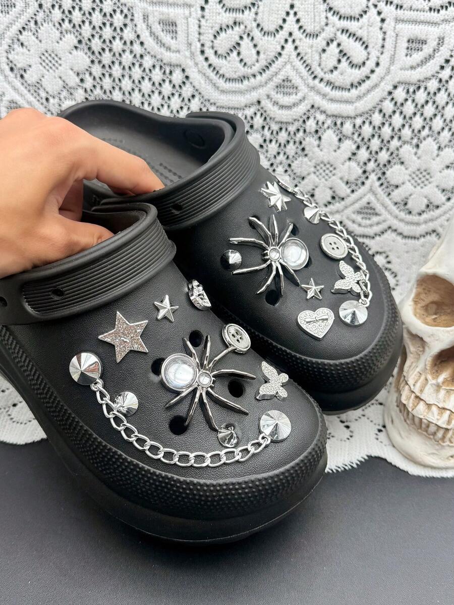 18pcs Spider & Star Shoe Charms, DIY Detachable Shoe Decorations ABS Rivet Chain Shoe Accessories Suitable For Clogs, Women's Sandals, Slippers, Beach Shoes, Holiday Gift - Silver - View 1
