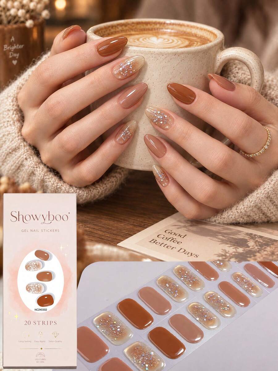 Semi-Cured Gel Nail Strips, 20 Pieces, Caramel Milk Tea Brown Gradient Glitter Nail Stickers, Maillard Warm Autumn Design Self-Adhesive Nail Decals For Daily Commute, Cafe Dates & Weekend Getaways