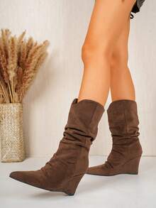 planare New Women's Fashion Minimalist Pointed Toe Loose Wedge Mid-Calf Boots, Brown And Black Faux Suede Slip-On Western Style Boots, Suitable For Autumn/Winter - Brown - View 10