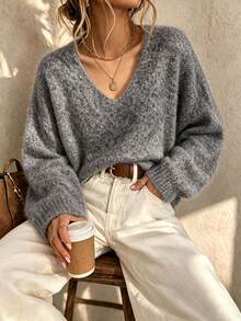 Women's V-Neck Ribbed Long Sleeve Soft Comfortable Loose Casual Fashion Versatile Knit Pullover, Suitable For Urban Commute And Daily Wear - Grey - View 4