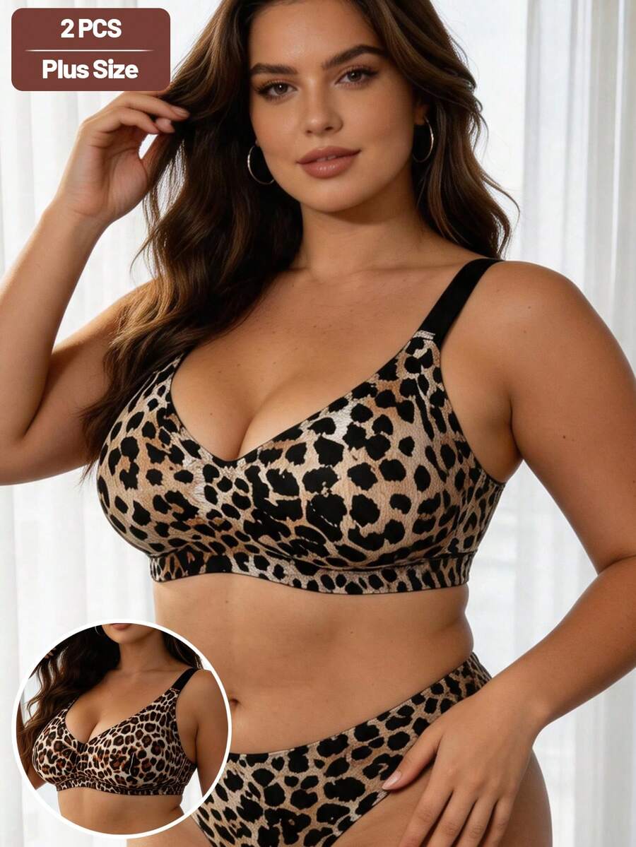 2pcs Plus Size Women's Sexy Comfortable Leopard Print Lingerie Elegant Fashion Anti-Sagging Bra - Multicolor - View 1