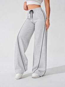 Celana Panjang Wanita Model Longgar dengan Kaki Lebar, Pinggang Elastis Bertali, dan Trim Samping Kontras, Celana Santai Kasual - Grey - View 3